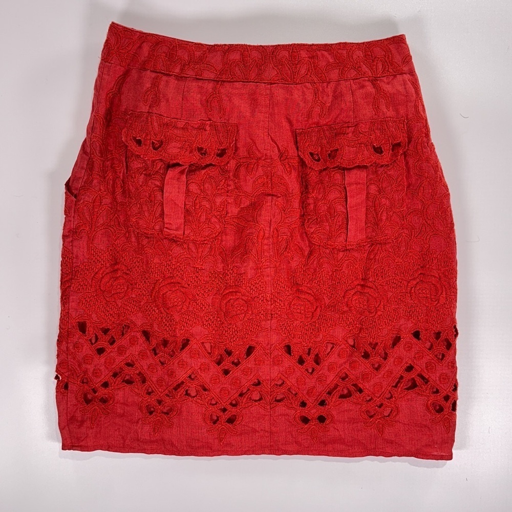 Baraschi Women’s Linen Embroidered Mini Skirt Red Size 2 - Picture 3 of 10